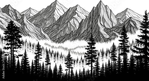 Black and white mountain forest landscape.