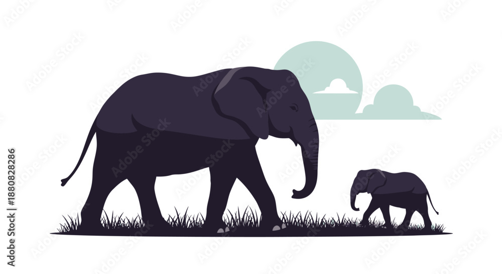 Fototapeta premium Large and small elephant walking together.