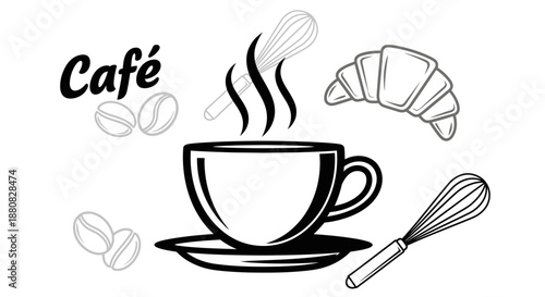 Steaming cup of coffee with saucer.