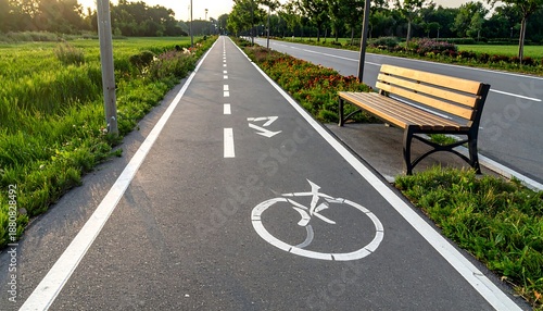 A paved bike path with lane markings and a bicycle symbol runs alongside a road and green spaces, featuring a wooden bench