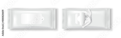 White wet wipes plastic pack with closed and open lid, isolated on transparent background, realistic hygiene product mockup.
