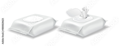 White wet wipes plastic pack with closed and open lid, isolated on transparent background, realistic hygiene product mockup.