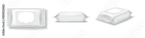 White wet wipes plastic pack with closed and open lid, isolated on transparent background, realistic hygiene product mockup.