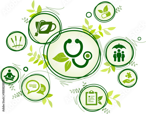 Holistic, natural or herbal medicine vector illustration. Green concept with icons related to natural medical therapy, alternative remedy or healing, organic therapeutics, ecological ingredients.