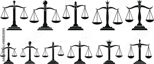 Justice Scales Silhouette Collection Flat Vector Illustration Set Representing Law, Legal Balance, Court, and Judiciary Concepts