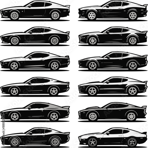 car monochrome side view set of twelve sports car vector icons