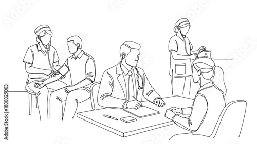 High-quality black continuous line art of a doctor consulting a patient at a desk, nurse checking patient blood pressure, healthcare medical consultation illustration