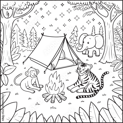 Jungle animal enjoy camping coloring page for kids, black line art vector illustration for children's activity book design
