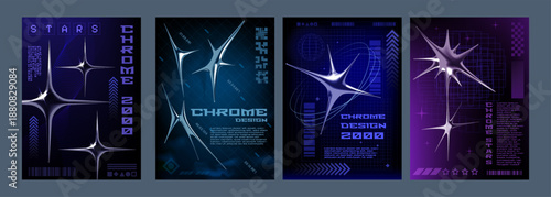 Y2k chrome art. 3D glitch metal typography. Alien futuristic cyberpunk or space abstract shapes. Retro digital banners. Glossy spike star. Cyber wireframe. Vector design posters set