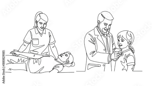 High-quality black continuous line art of a physiotherapist assisting a patient with rehabilitation exercises, doctor examining child with stethoscope, medical therapy and healthcare illustration