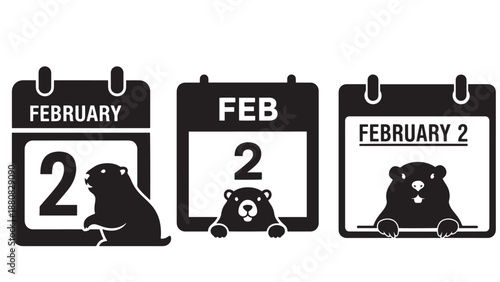 Black And White Calendar Emblem Showing A Groundhog Peeking At The February 2 Date To Represent Groundhog Day Weather Prediction And Seasonal Tradition