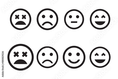 This image displays eight minimalist, black-and-white emoticon icons arranged in two rows. The icons depict a range of emotions from negative to positive, illustrating a sentiment scale. 