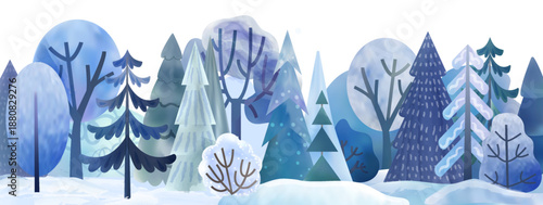 Winter forest. Snow tree watercolor nordic landscape, horizontal banner backdrop. Blue fir or spruce art panorama. Frozen pine in snowfall. Frosty coniferous and deciduous vector background