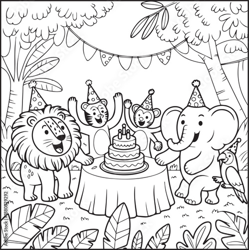 Jungle animal celebrating birthday party coloring page for kids, black line art vector illustration for children's activity book design
