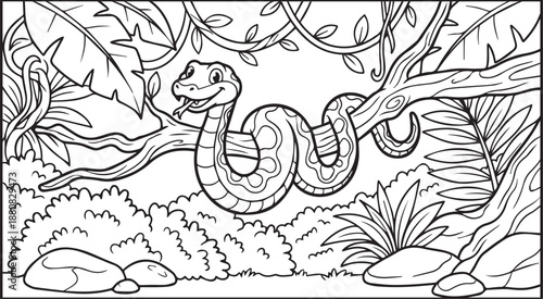 Jungle animal snake on a tree branch coloring page for kids, black line art vector illustration for children's activity book design