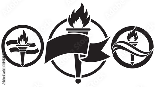 Decorative Black And White Torch Emblem With Banner And Circular Frame Designed As A Commemorative Badge For Civic Ceremonies, Awards And Celebration