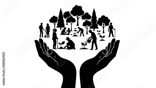 Hands Holding People and Trees Silhouette.