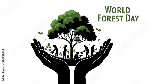 Hands Holding Tree Silhouette with People.