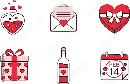 Valentine love icons illustration, romantic heart gifts collection, message bottle envelope symbols, wedding dating elements, cute flat cartoon style, isolated design