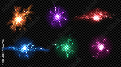 Thunder light. Red and yellow energy effect or glowing power ball. Gold flash bolt lightening. Magic storm burst. Thunderstorm strike. Thunderbolt blast. Vector electric shine spheres set