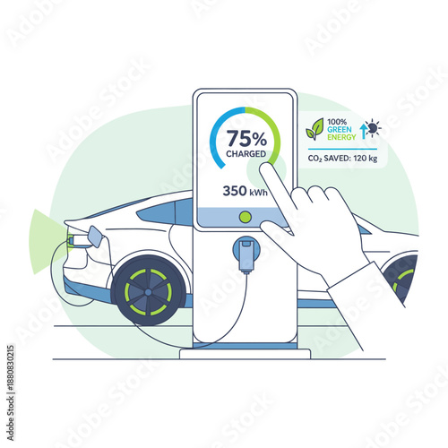 electric vehicle charging station display showing green energy and co2 saved emphasizing sustainable transportation for modern urban infrastructure.