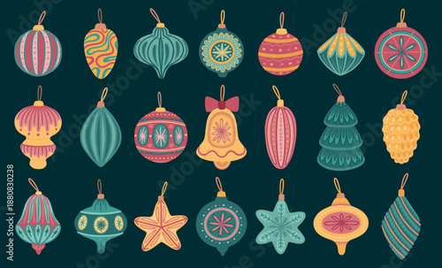 Christmas decor. Flat simple holiday hanging toy with ornament set, xmas or noel vintage retro toys in bright colors. Celebrating balloons traditional gift. Vector cartoon illustration