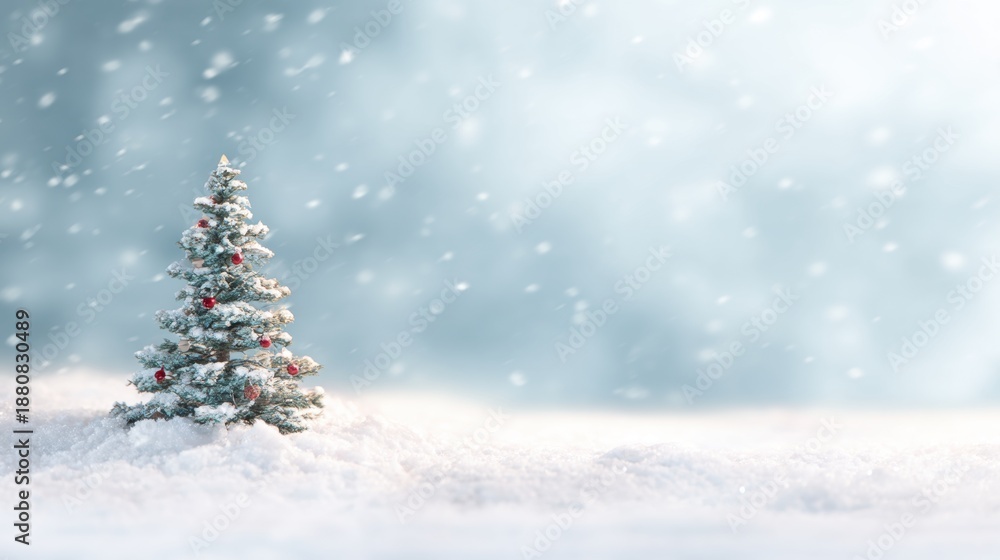 Fototapeta premium Snow falls on a small decorated Christmas tree in a winter setting