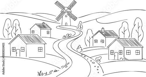 Rustic Village Landscape Line Art, Minimalist Countryside Windmill Drawing, vector, illustration, silhouette
