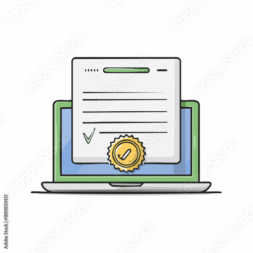 Certification numérique – illustration vectorielle d’un document validé sur écran d’ordinateur