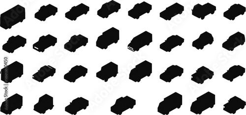 Grid of 30 black vehicle icons in isometric view, featuring diverse cars, vans, buses, and trucks for transport design and classification.