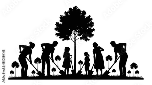 Family Gardening Together Silhouette Illustration.