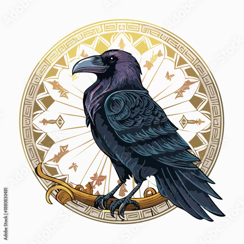 Corbeau stylisé sur élément décoratif doré – illustration vectorielle mystique et décorative