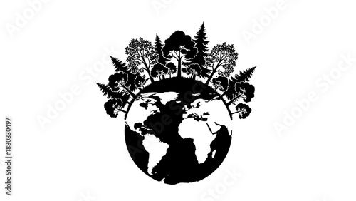 Globe with Trees and Leaves Silhouette.