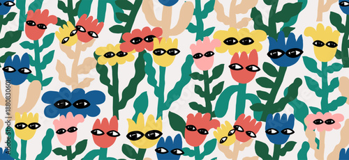 Seamless pattern of abstract simple plants and flowers with eyes, hand drawn colored vector set. Naive infantile style floral design, colorful trendy illustration for kids decor, cards and prints.