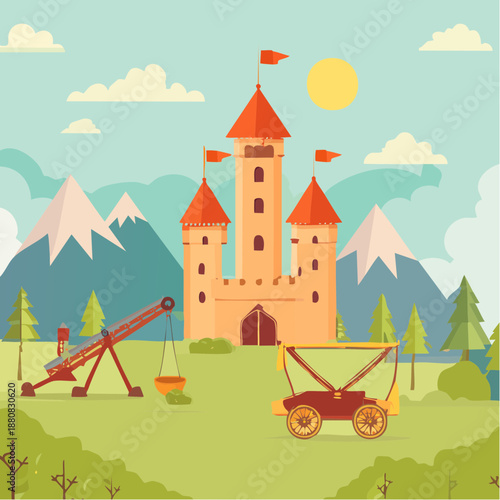 Château médiéval avec engins de siège – illustration historique avec catapulte et trébuchet