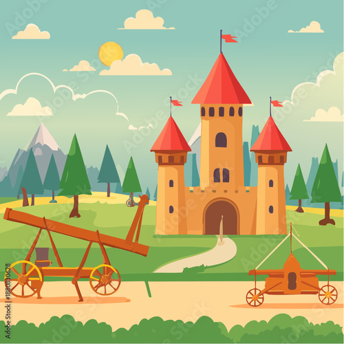 Château médiéval avec engins de siège – illustration historique avec catapulte et trébuchet