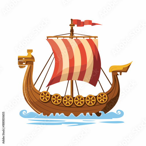 Drakkar viking stylisé sur les vagues – illustration historique maritime avec voile rayée et boucliers