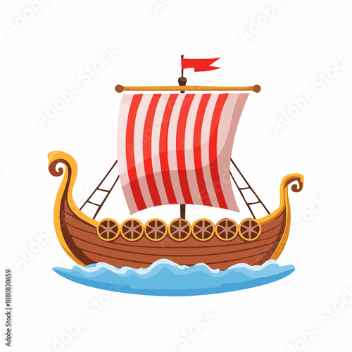 Drakkar viking stylisé sur les vagues – illustration historique maritime avec voile rayée et boucliers