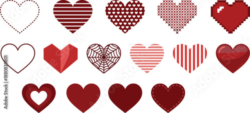 Red heart patterns collection illustration, love symbol set, romantic valentine wedding designs, decorative hearts, pixel striped dotted styles, isolated vector icons