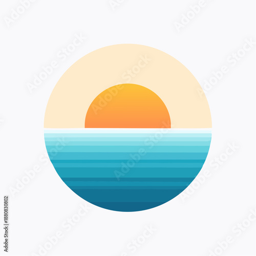 Coucher de soleil minimaliste sur l’océan – illustration stylisée avec dégradés colorés
