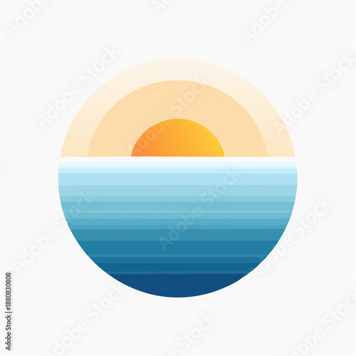 Coucher de soleil minimaliste sur l’océan – illustration stylisée avec dégradés colorés