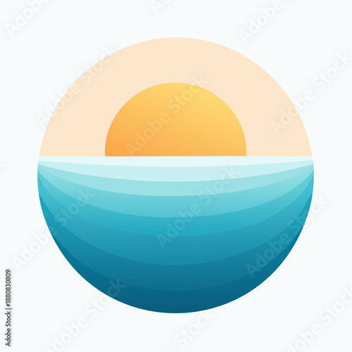 Coucher de soleil minimaliste sur l’océan – illustration stylisée avec dégradés colorés