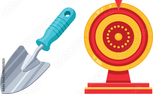 Gardening shovel and spinning fortune wheel icons set game tool concept flat vector illustration isolated on white background