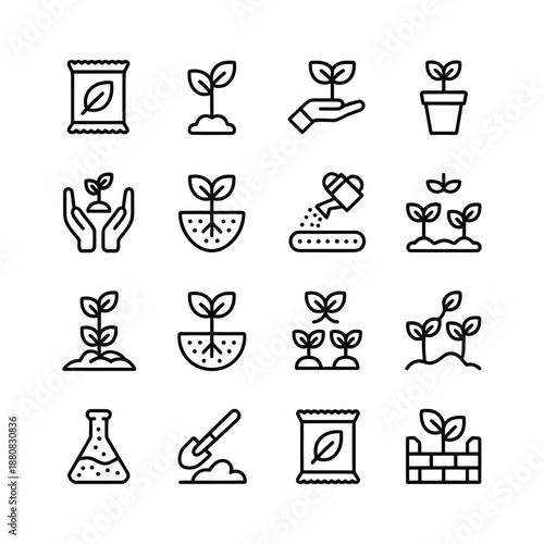 Gardening icon set with thin line style representing plant growth seedling cultivation organic farming nature care agriculture tools eco environment