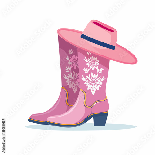 Bottes et chapeau de cowgirl roses – illustration western féminine avec motifs floraux
