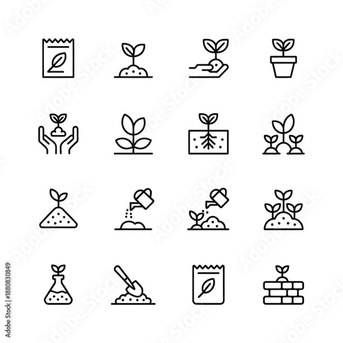 Gardening icon set with thin line style representing plant growth seedling cultivation organic farming nature care agriculture tools eco environment