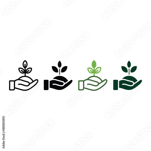 Green sprout in open palm icon collection depicting plant growth human interaction with nature and eco friendly conceptual design for sustainability