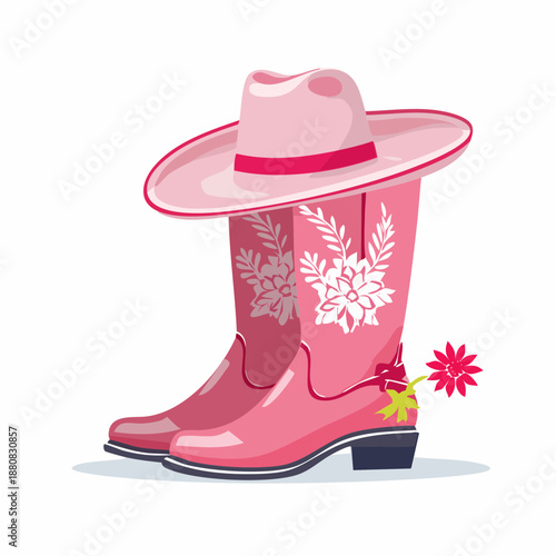Bottes et chapeau de cowgirl roses – illustration western féminine avec motifs floraux