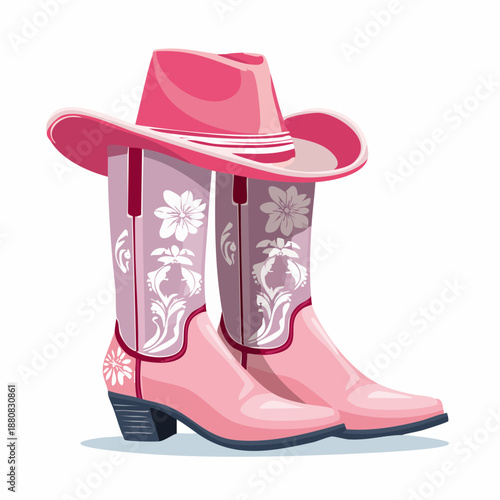 Bottes et chapeau de cowgirl roses – illustration western féminine avec motifs floraux
