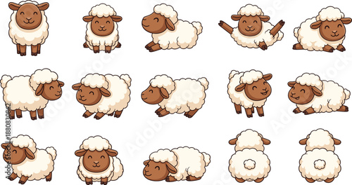 Cute sheep characters collection set fluffy farm animals in different poses cartoon flat vector illustration isolated
